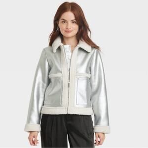 A New Day Metallic Shearling Moto Jacket silver Sherpa coat NEW